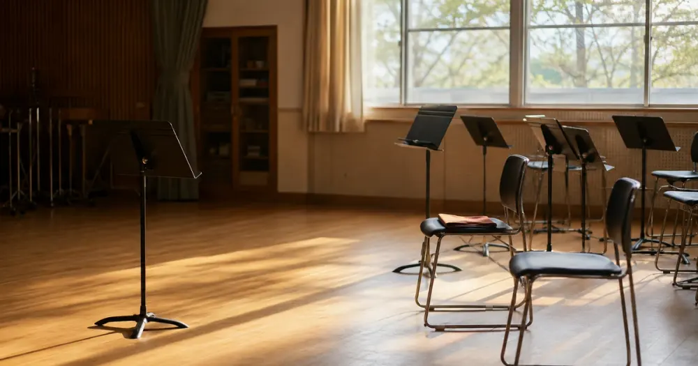 放課後の音楽室、譜面台のそばで少し離れて立つ生徒——「つらい気持ちを受け止めるハブ」を表す静かなトーン